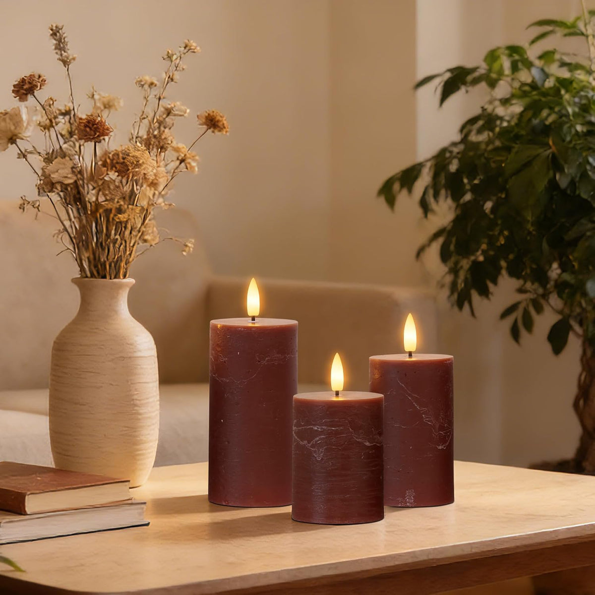 Brown Flameless Pillar Candles with Remote, Battery Operated Candle | Real Wax Flickering LED Decorative Candles, Warm