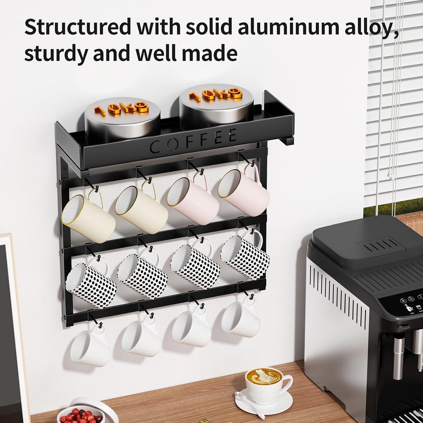 RCHYFEED Coffee Mug Holder Wall Mounted,Metal Mug Rack with 12 Movable Hook | Coffee Cup Holder with Large Storage