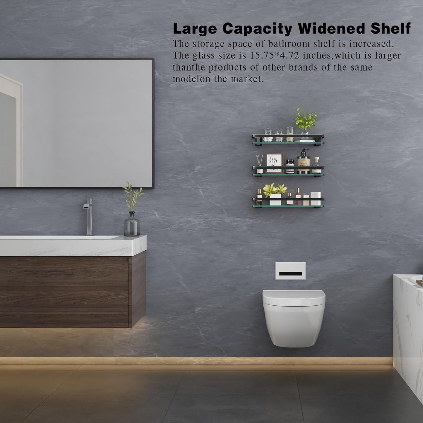 Bathroom Wall Shelf 15.7in Bathroom Glass Shelves Wall Mount Glass Shelf Rustproof Bathroom Wall Organizer 3 Tier