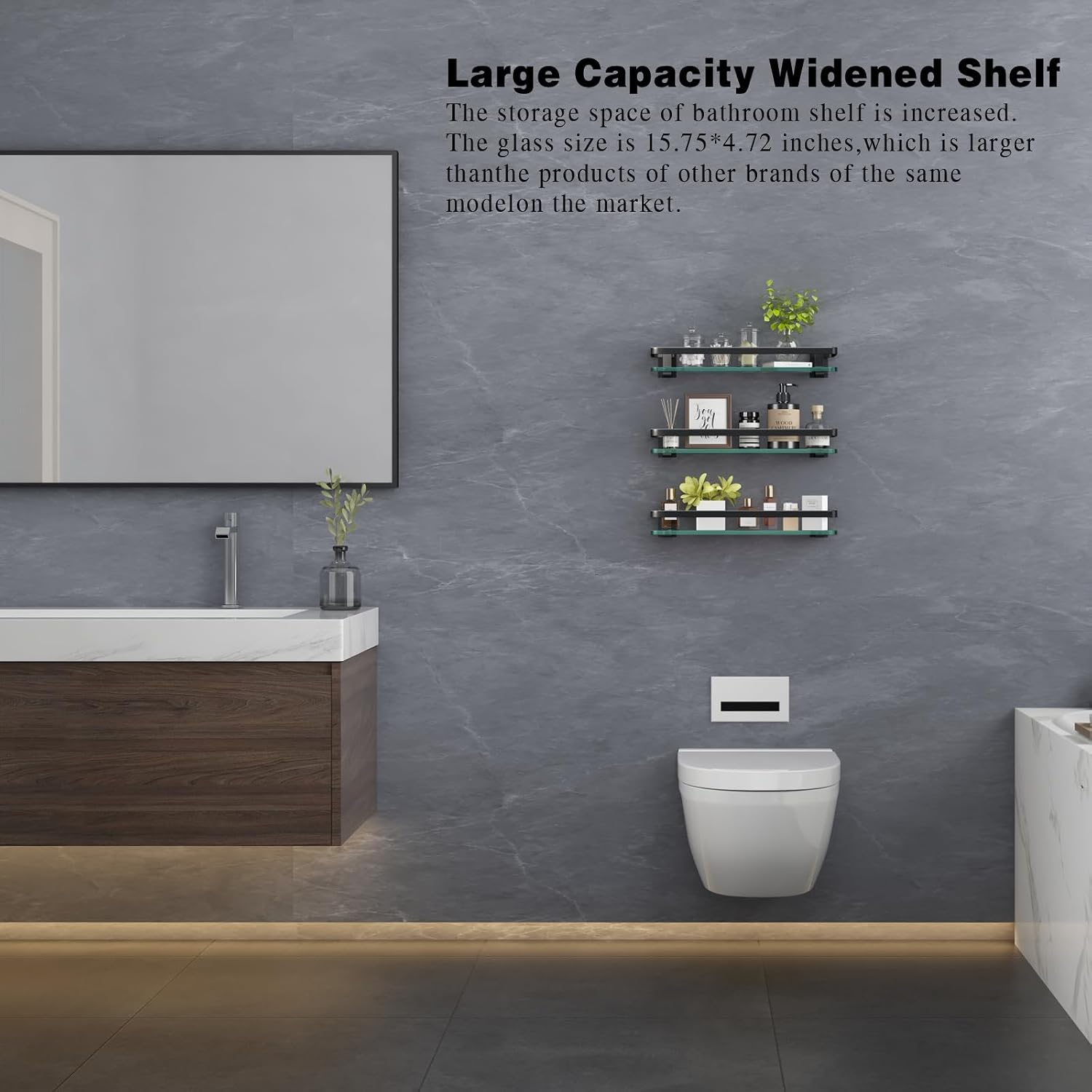 Bathroom Wall Shelf 15.7in Bathroom Glass Shelves Wall Mount Glass Shelf Rustproof Bathroom Wall Organizer 3 Tier