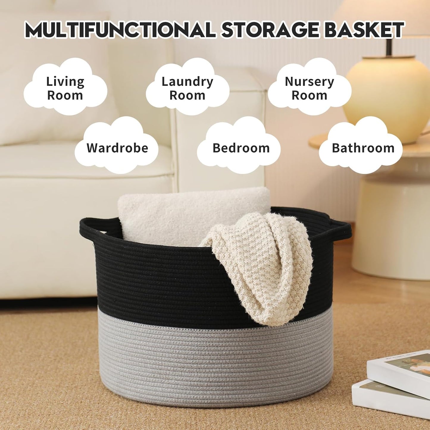 Collapsible Handle Cotton Rope Soft Woven Fabric Storage Organizer Clothes Toys / Black & Grey / 65L