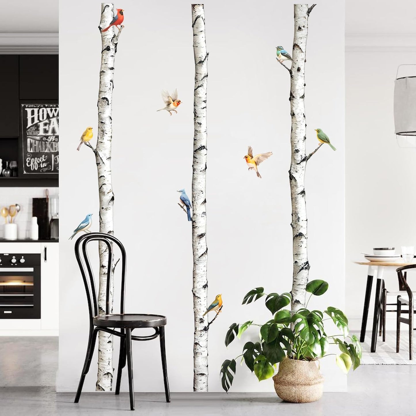 95" Tall Birch Tree Wall Decals 3 Aspen Trees Flying Birds Wall Stickers Peel and Stick / White
