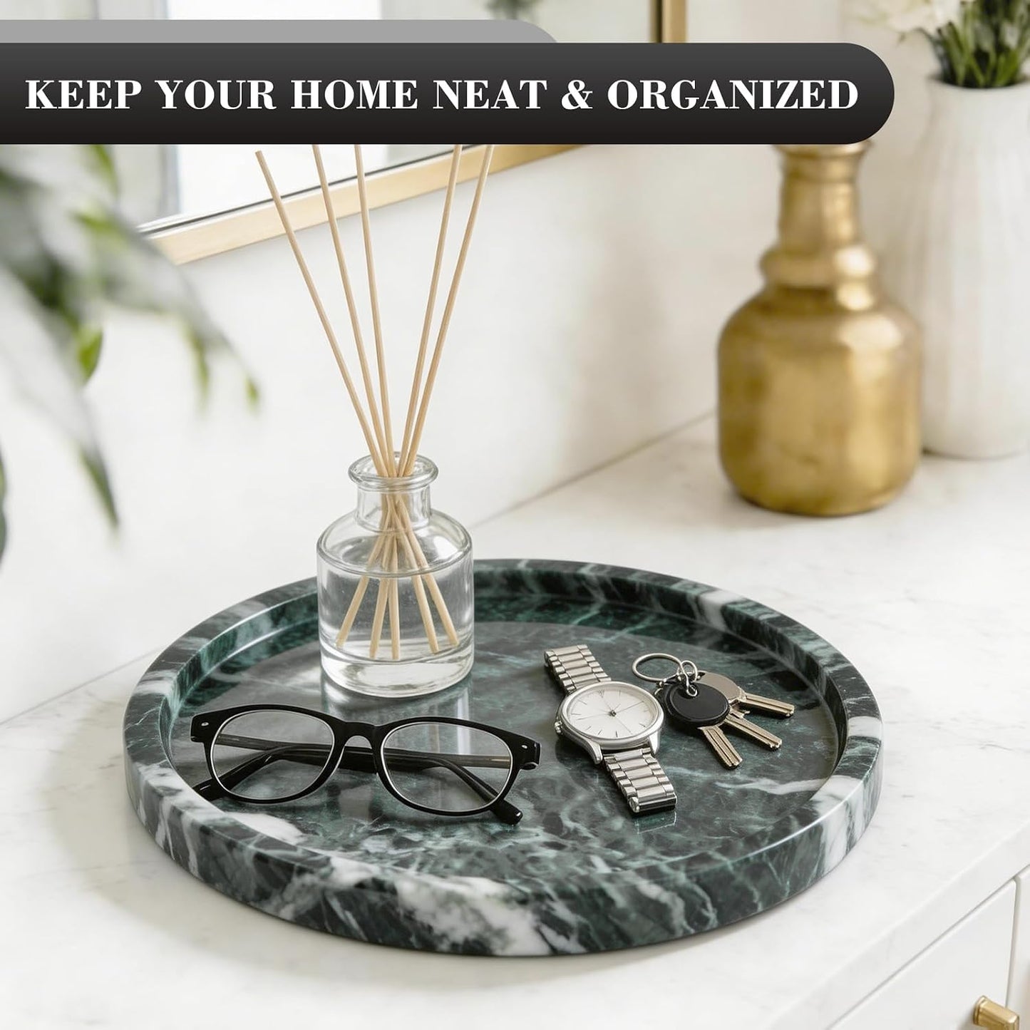 Natural Round Marble Tray / Green