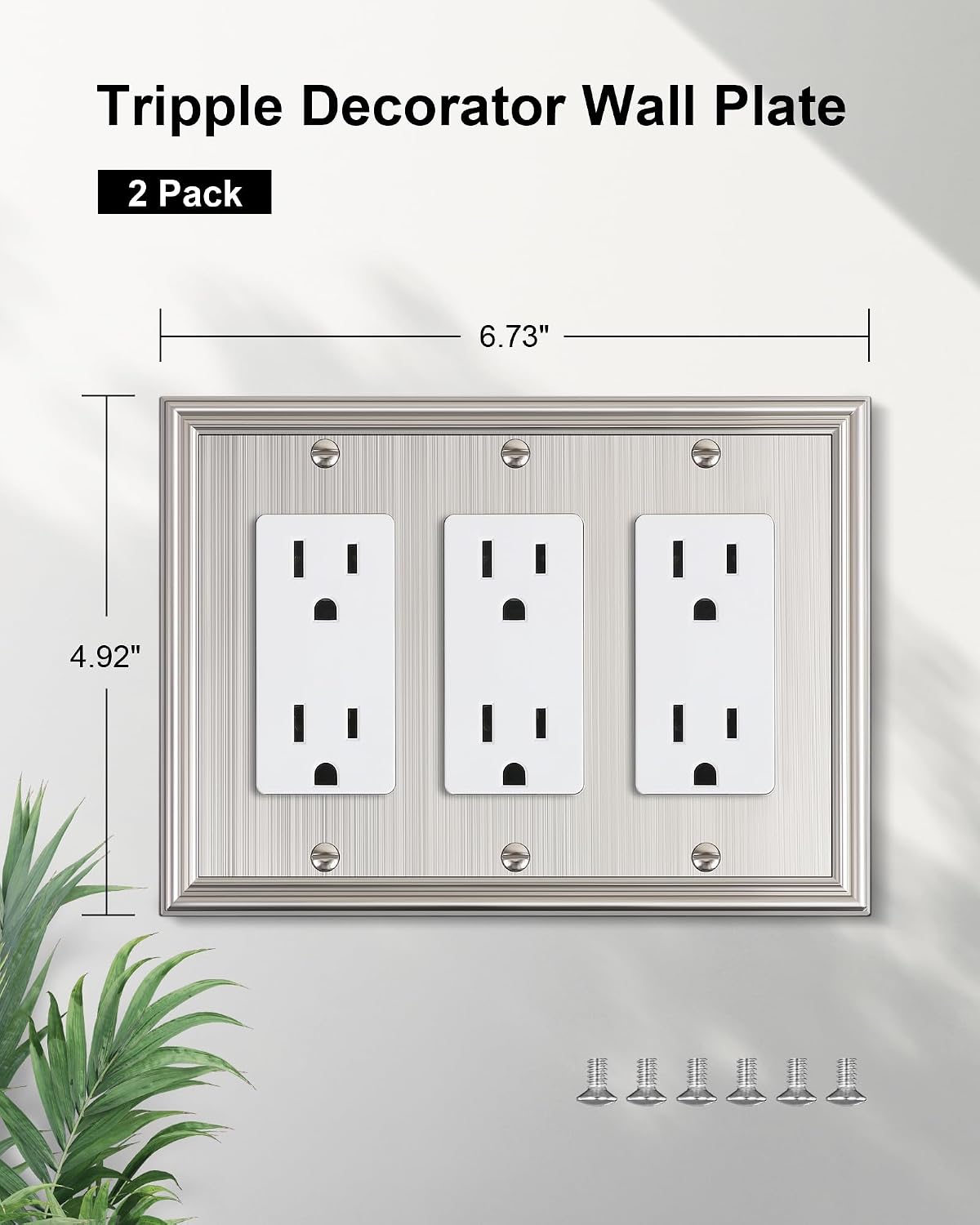 2-Pack Zinc Alloy Tripple Decorator Outlet Cover Plate, Solid Switch Cover | Durable Wall Plates for Electrical