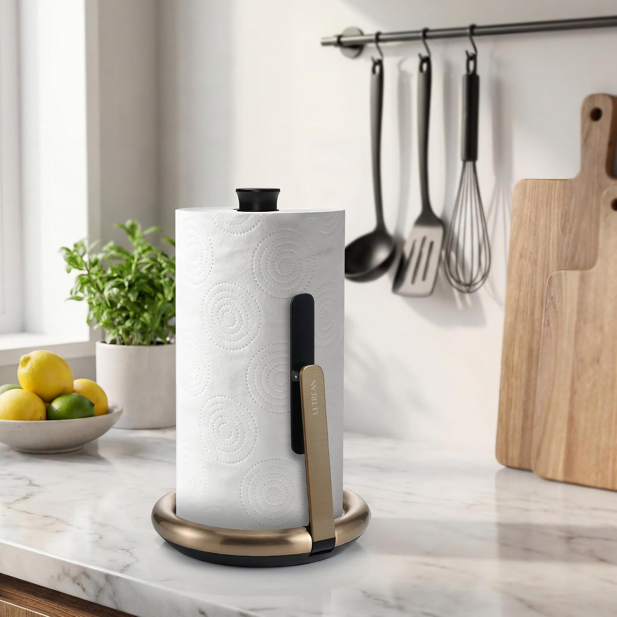 Ultrean Paper Towel Holder Countertop, Freestanding Paper Towel Dispenser with Spring-Loaded Arm for One-Handed Tear