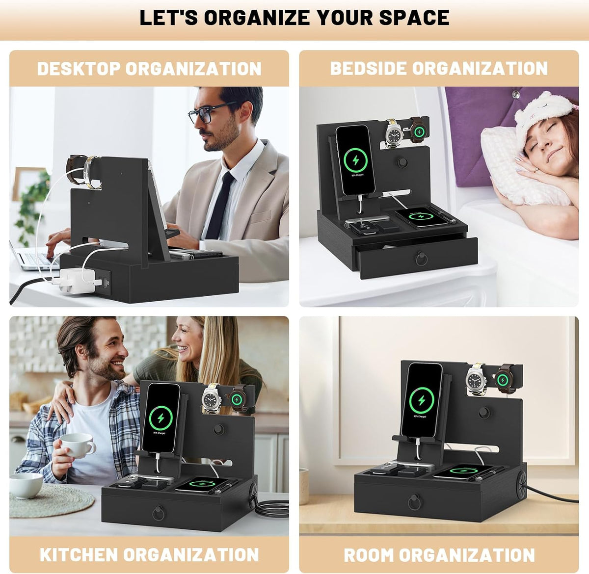 Wood Phone Docking Station with USB Ports and Outlets, Nightstand Organizer | Bedside Organizer with with Charging