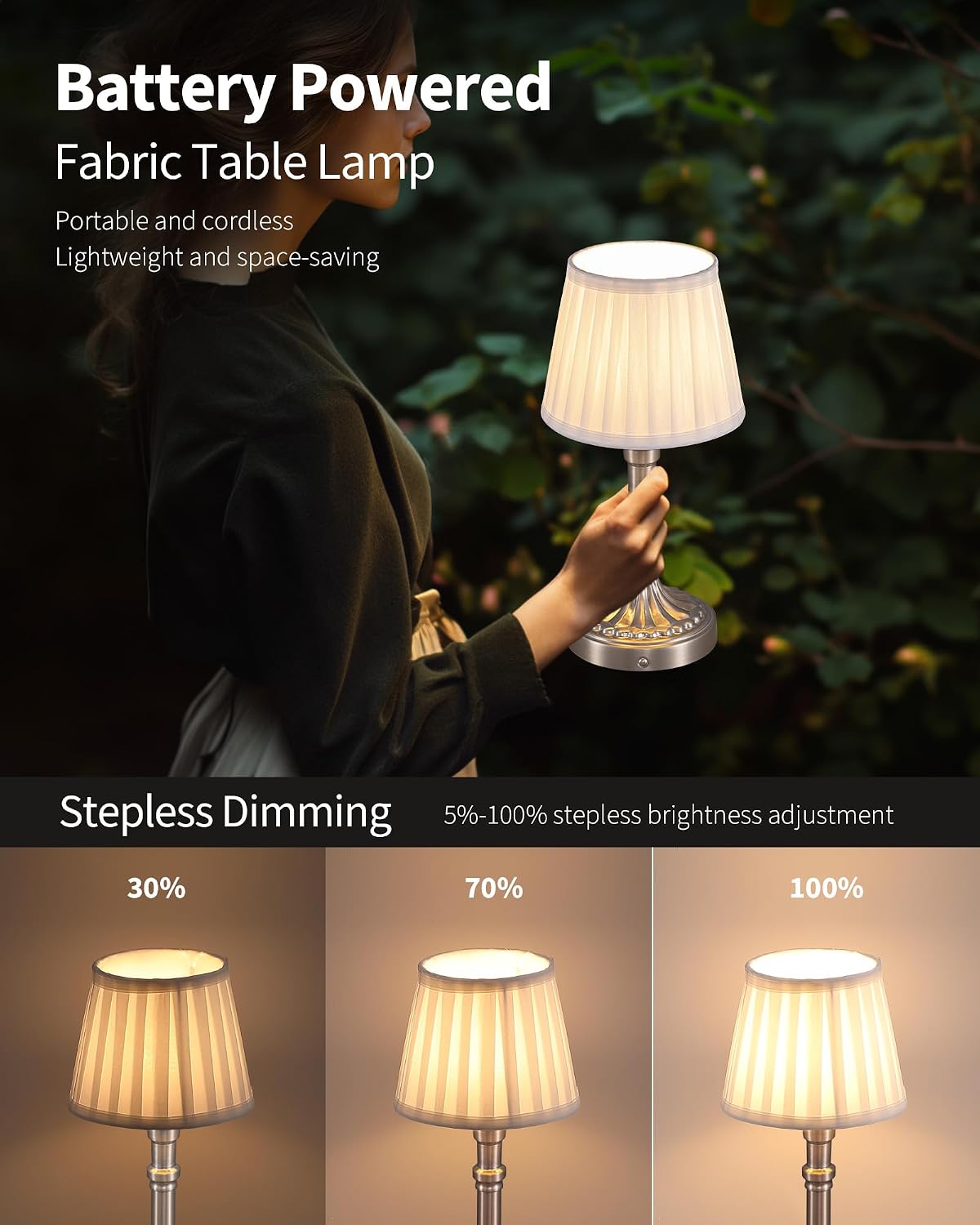 KDG Nickel Cordless Table Lamps Set of 2, Beige Fabric Shade Desk Lamp | Portables 4000mAh Battery Powered, Small LED
