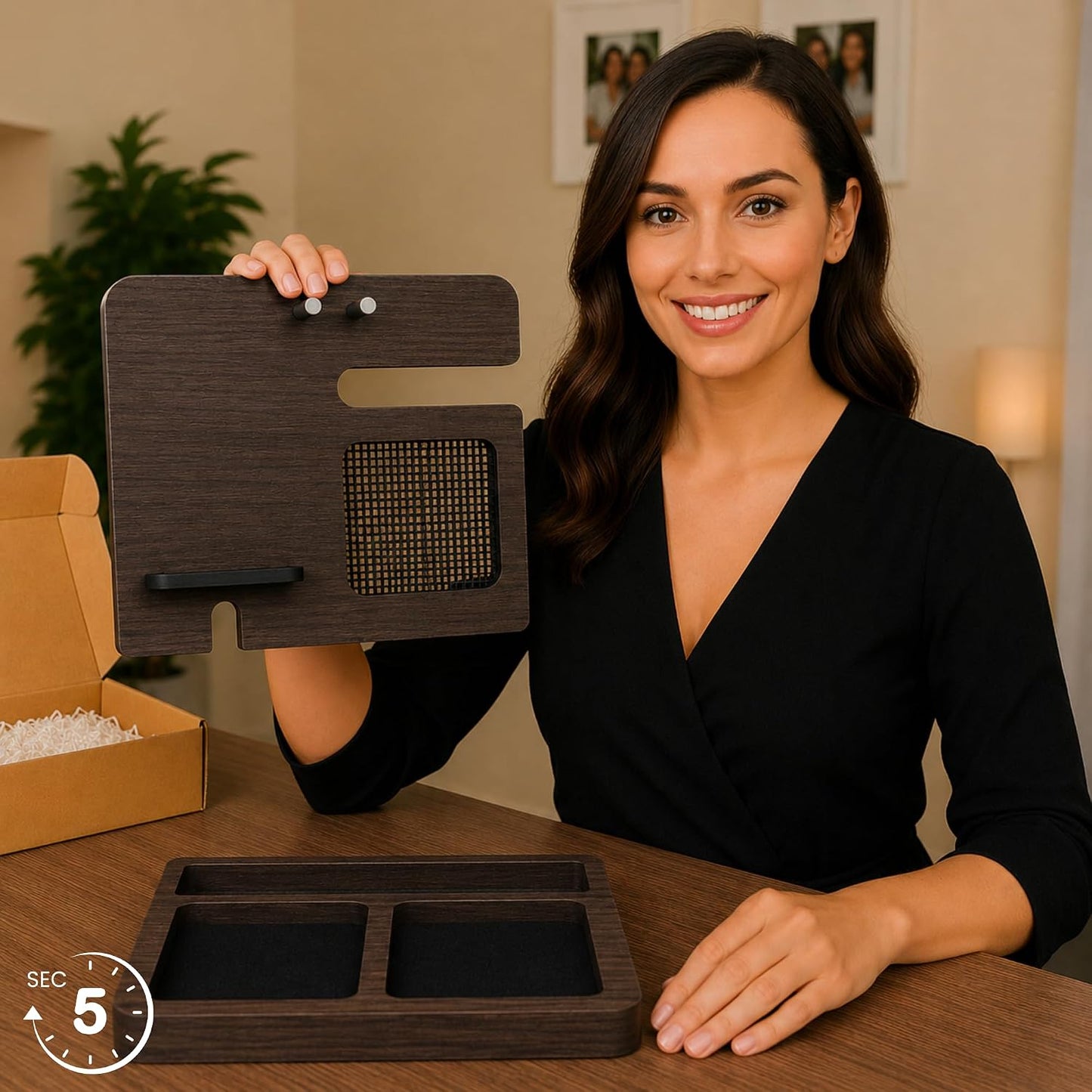 Namore Nightstand Organizer for Women – Wood Phone Docking Station & Jewelry Valet Tray for Phone, Earrings, Wallet &
