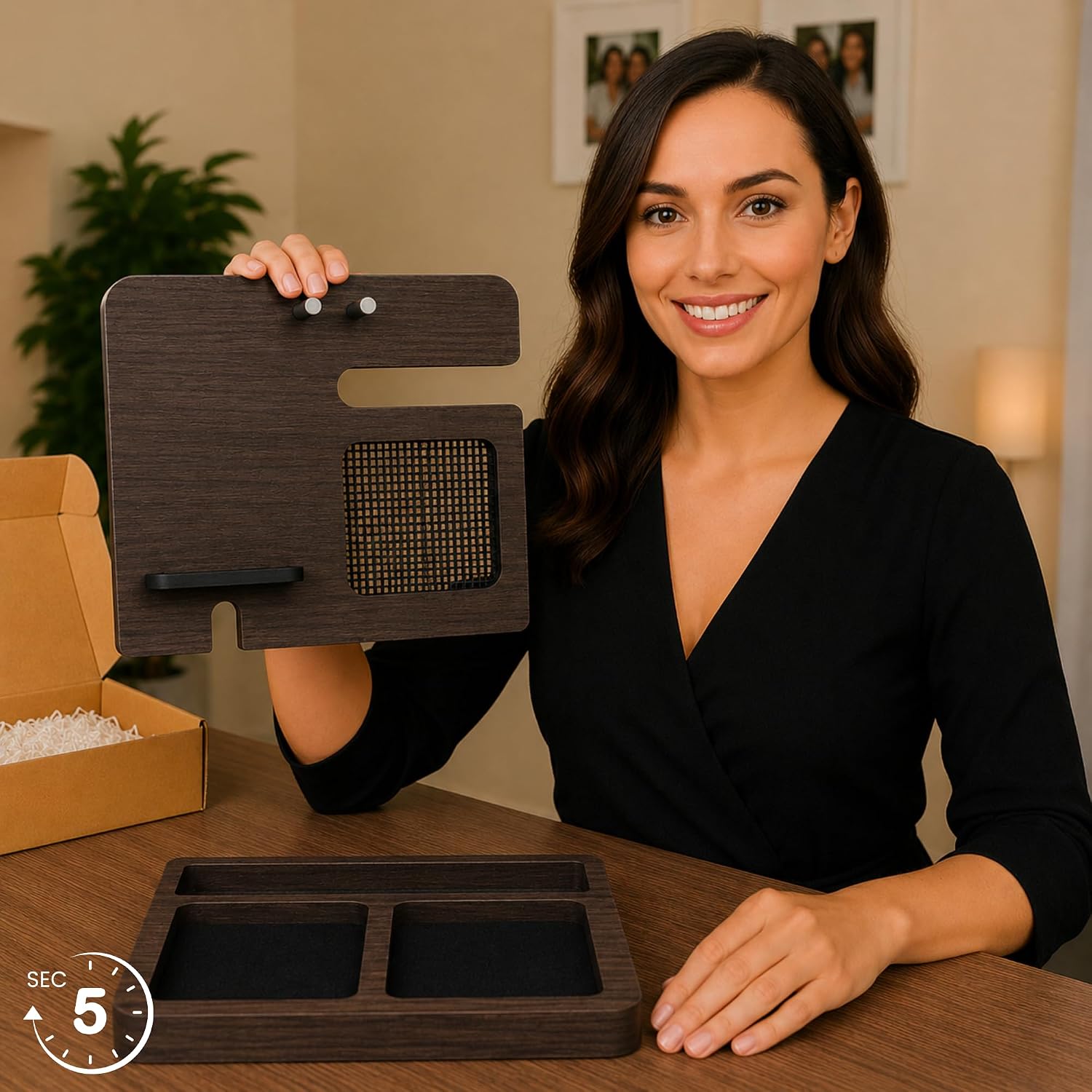 Namore Nightstand Organizer for Women – Wood Phone Docking Station & Jewelry Valet Tray for Phone, Earrings, Wallet &
