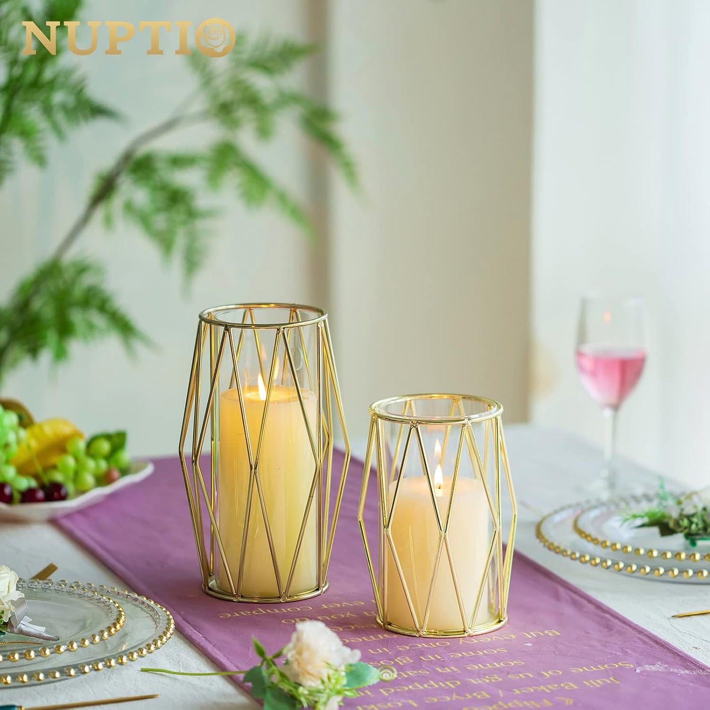 NUPTIO Gold Geometric Hurricane Glass Candle Holders, Set of 2 | 2 Graduated Diamond Frames, Clear Cylinder Vases, for