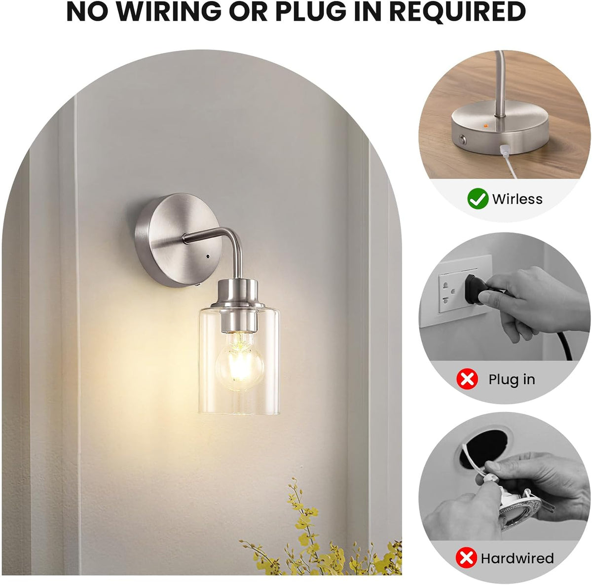 Epinl Battery Operated Wall Sconce Set of Two - Brushed Nickel Rechargeable Wireless Wall Sconces with Remote Control