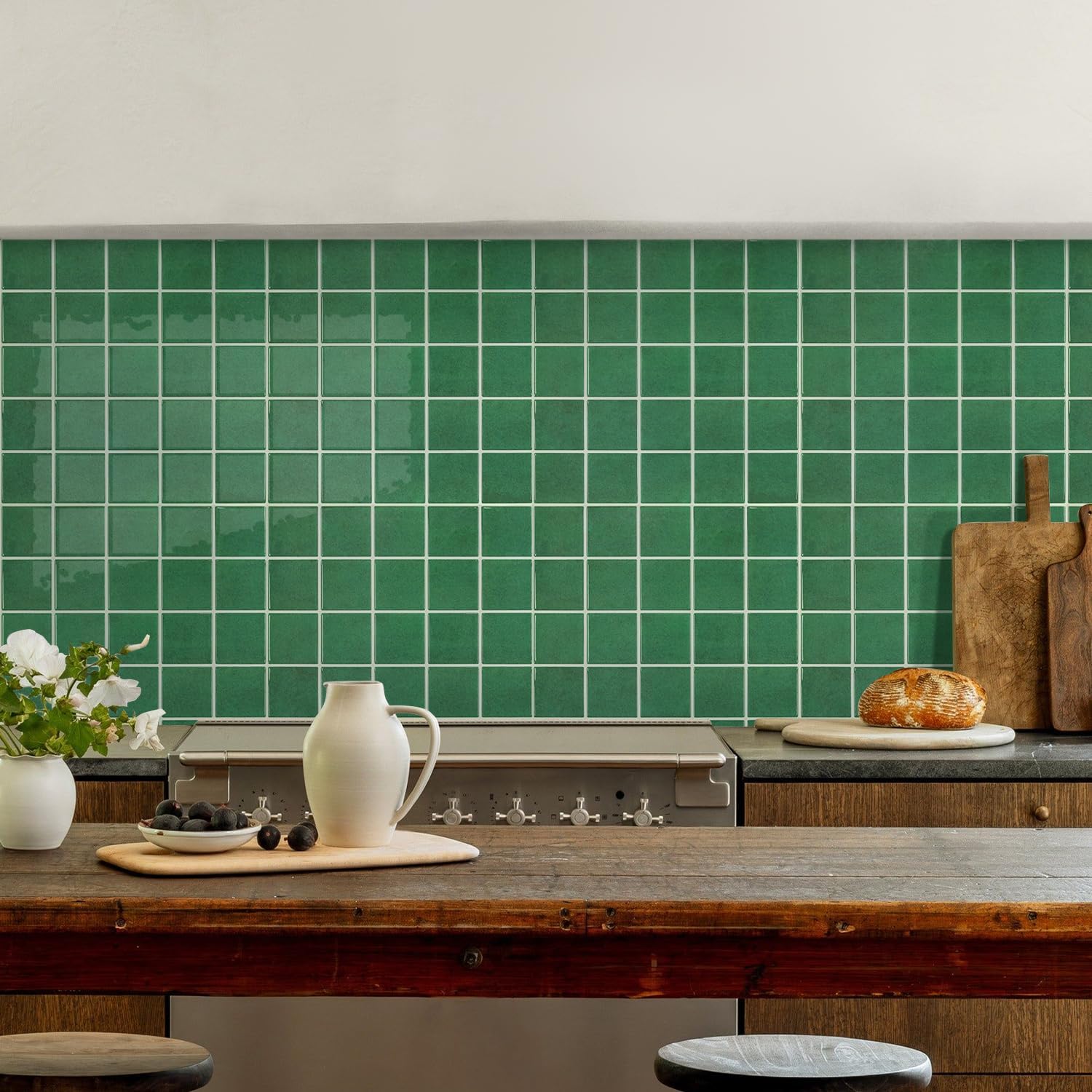 Thicker Peel and Stick Backsplash Tiles- of " -3D Adhesive Glossy / Dark Green / 12 x 12 / Set of 10