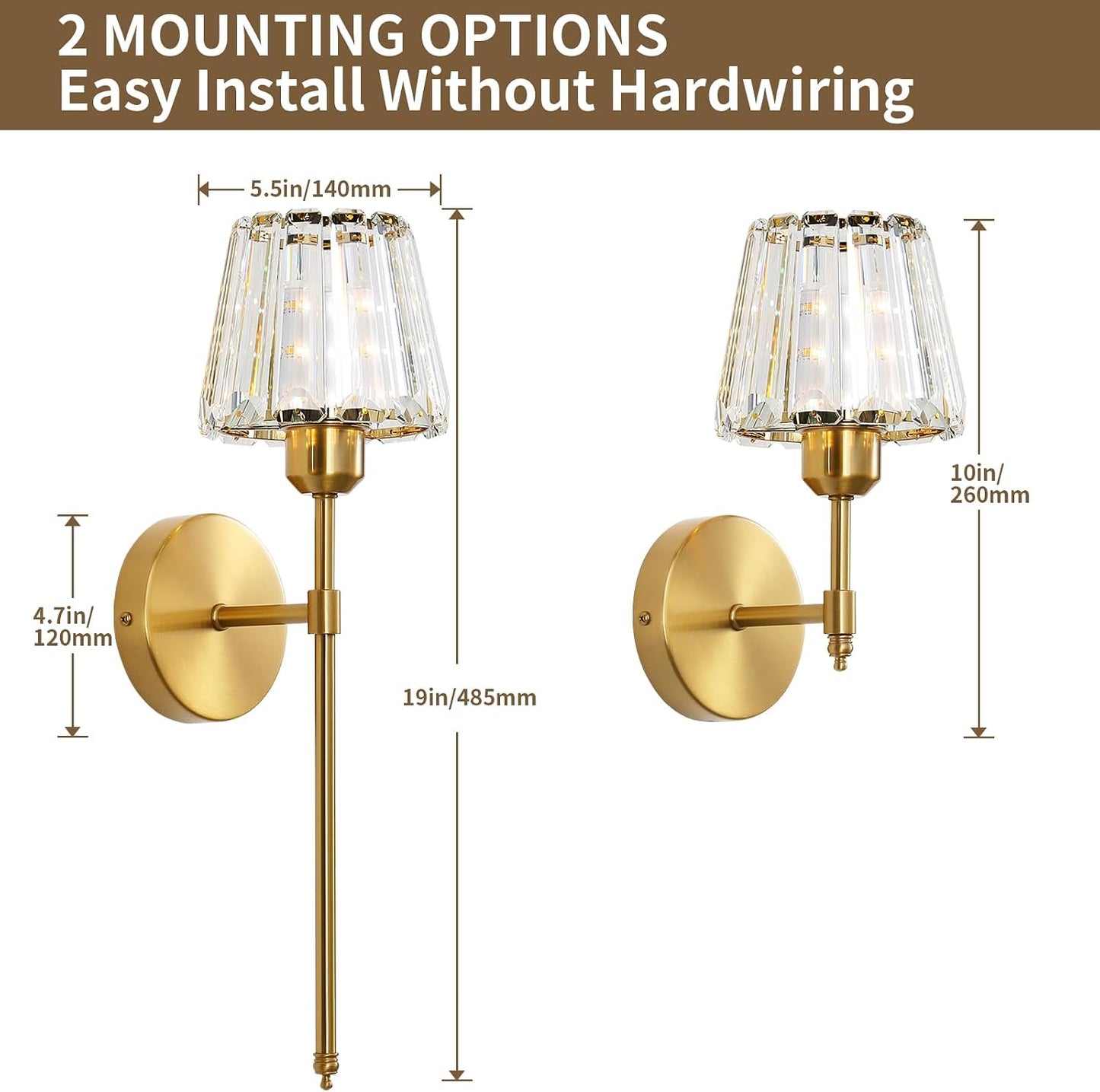 Battery Operated Crystal Wall Sconce Set of 2, Gold Rechargeable Wireless Wall Sconces with Remote Dimmable 12 Colors