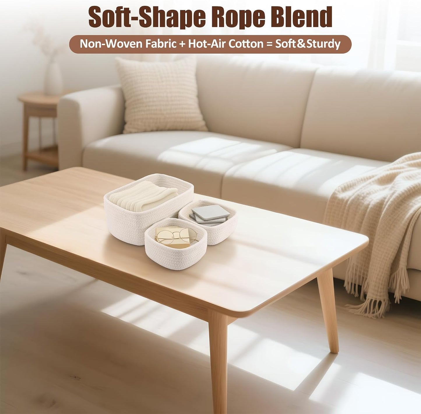 Small Woven Rope Storage Baskets / White / 11.81*7.48*4.72'' & 5.91*5.91*2.56 / Set of 5