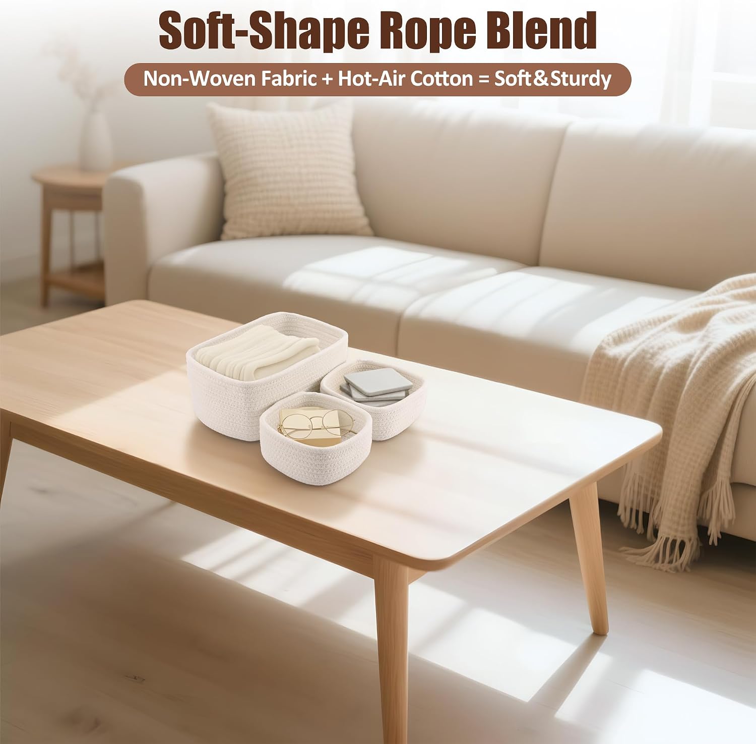 Small Woven Rope Storage Baskets / White / 11.81*7.48*4.72'' & 5.91*5.91*2.56 / Set of 5