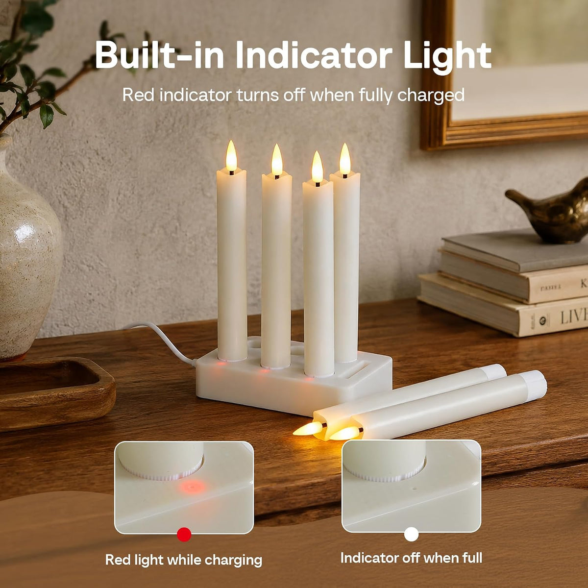 Rechargeable LED Taper Candles with Remote Timer, Flameless Ivory Real Wax Set of 6 with Charging Station, Flickering