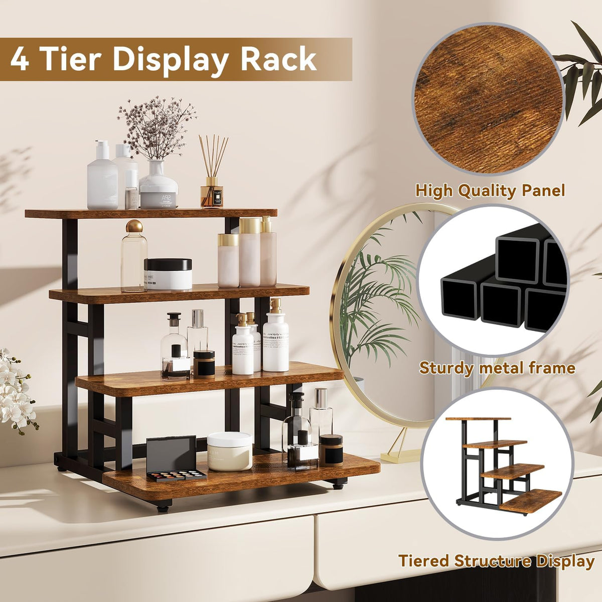 IBUYKE 4 Tier Cupcake Stand,Tiered Display Stand,Brown TLJ018H | Wooden Risers Display Stands for food Dessert Table