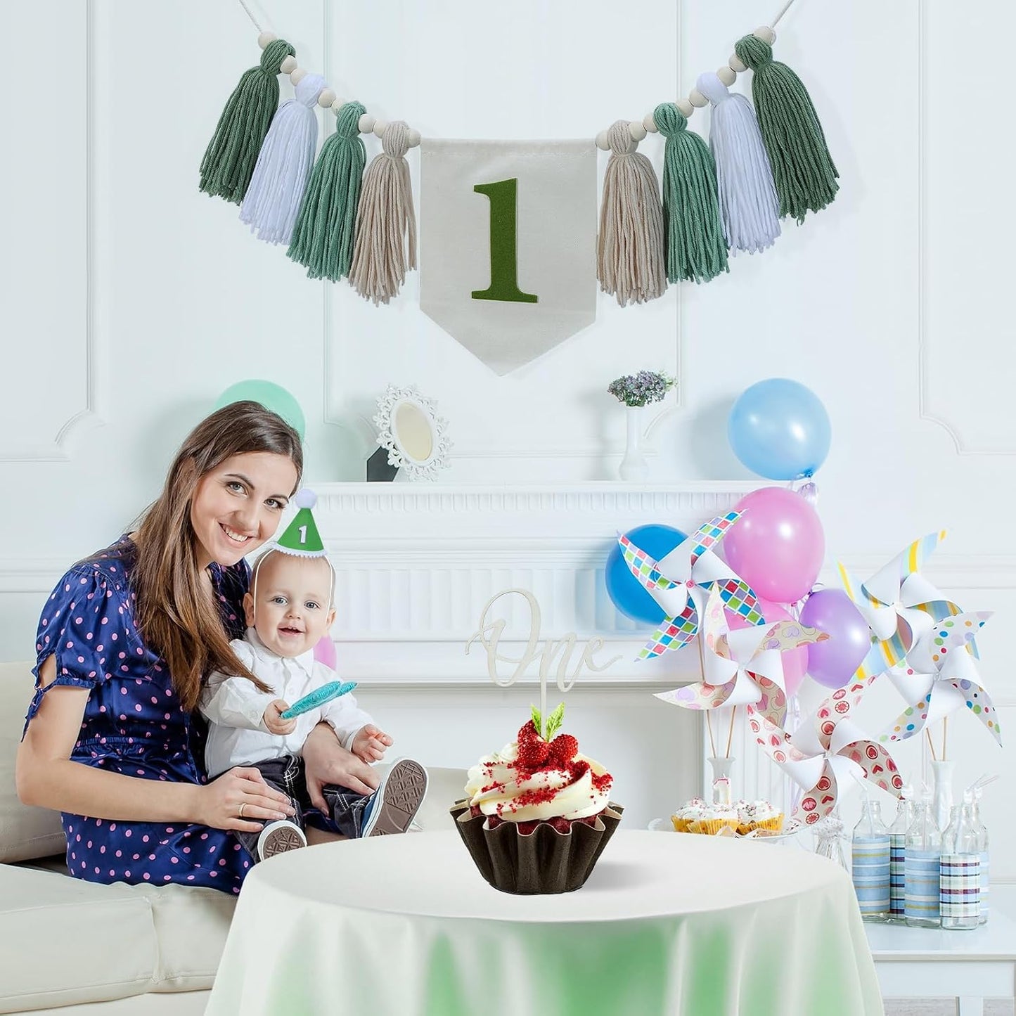 Wood Bead Tassel Garland Banner for Baby 1st Party / Green