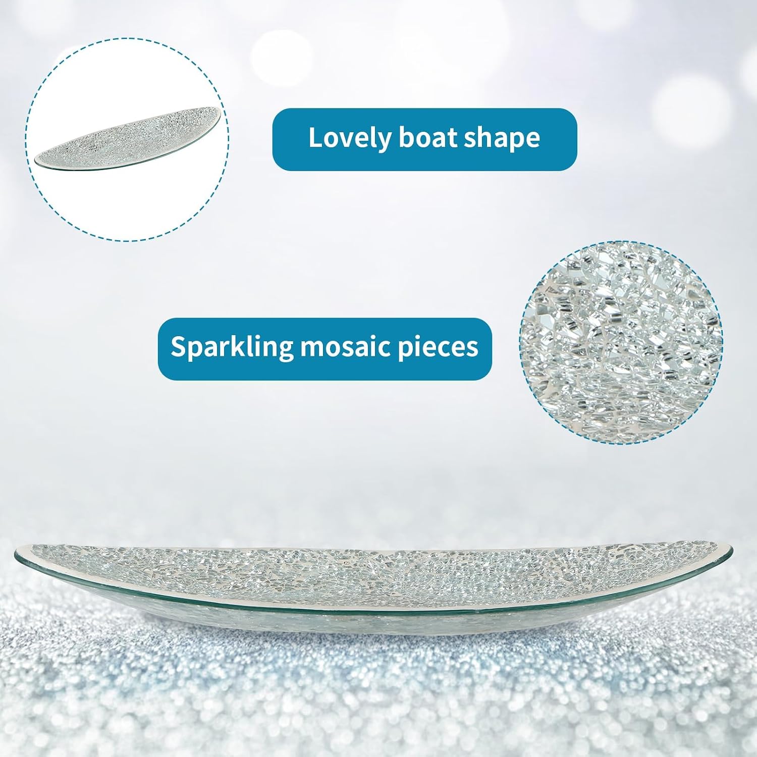 Small Glass Mosaic Decorative Boat Shaped Tray / Silver