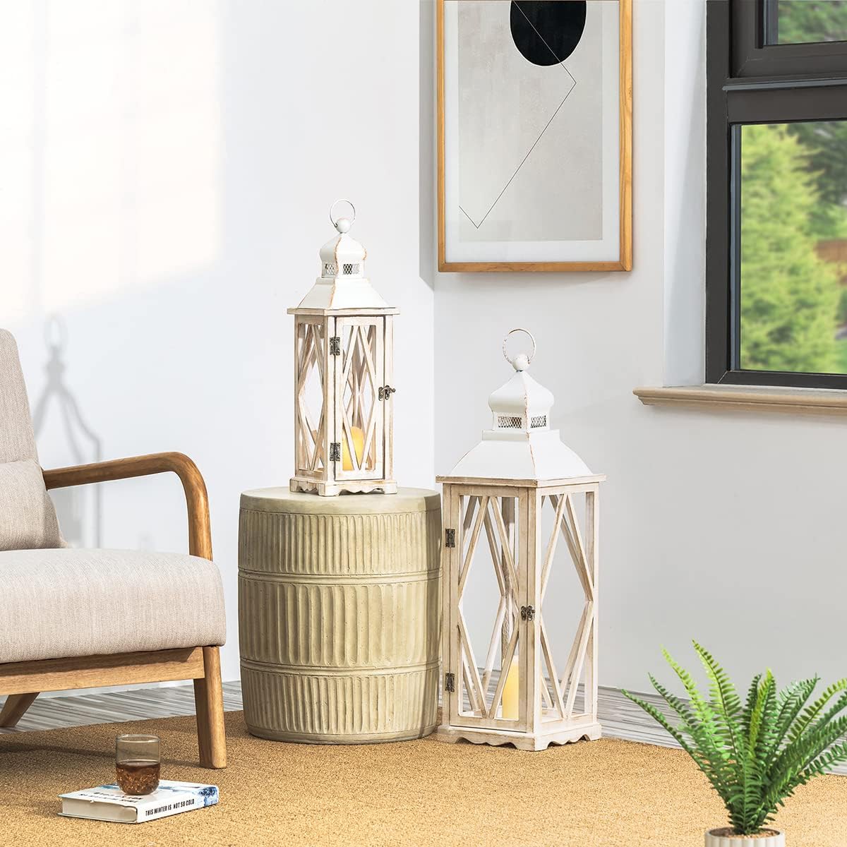Glitzhome Farmhouse White Wood Metal Lanterns Decorative Hanging Candle Lanterns Set of 2