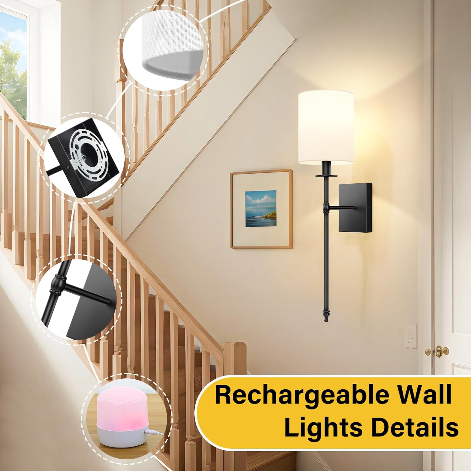 27 Inch Black Battery Operated Wall Sconces Set of 2, Rechargeable Wireless Wall Lights with Remote & White Fabric