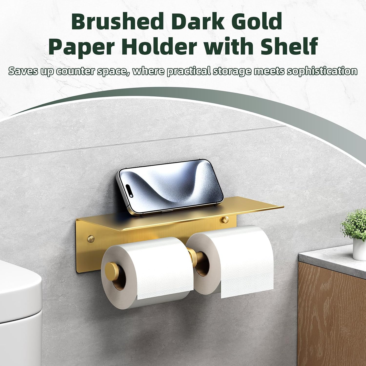 APLusee Double Roll Toilet Paper Holder, Brushed Gold, 304 Stainless Steel | Wide Utility Shelf, Phone & Wet Wipe