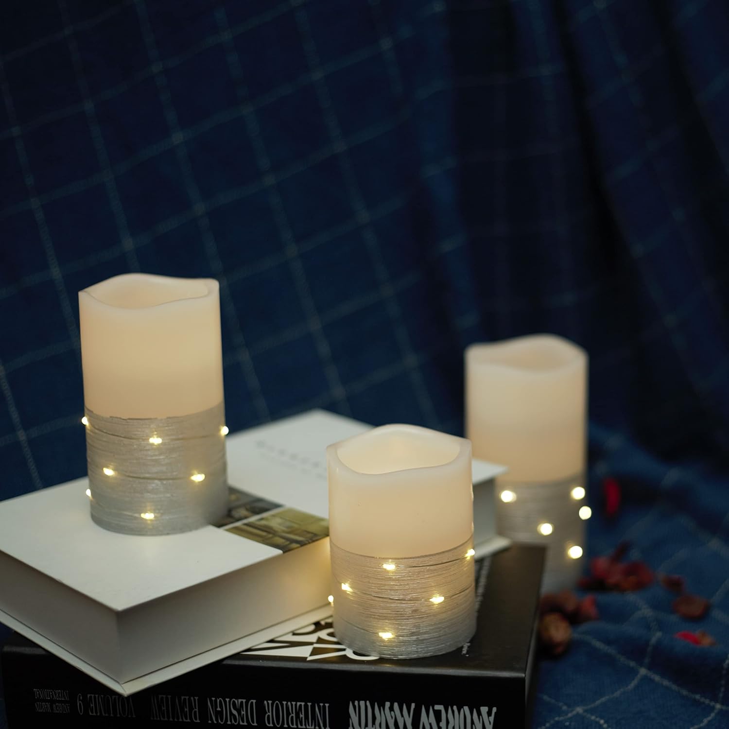 H-BLOSSOM Flickering Flameless Candles Ivory Real Wax Pillar with Embedded String Lights LED Candles Battery Operated