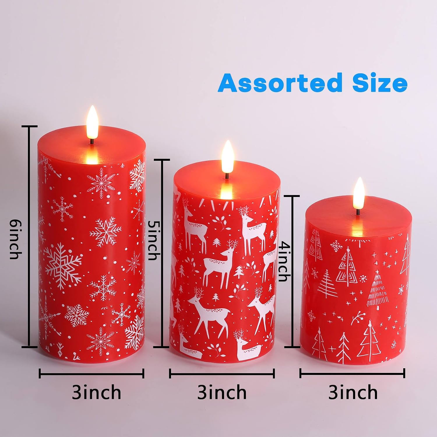 Red Deer Snowflakes Christmas Tree LED Pillar Candles with Remote Set of 3 | Flickering Flameless Wax Candles, Flat