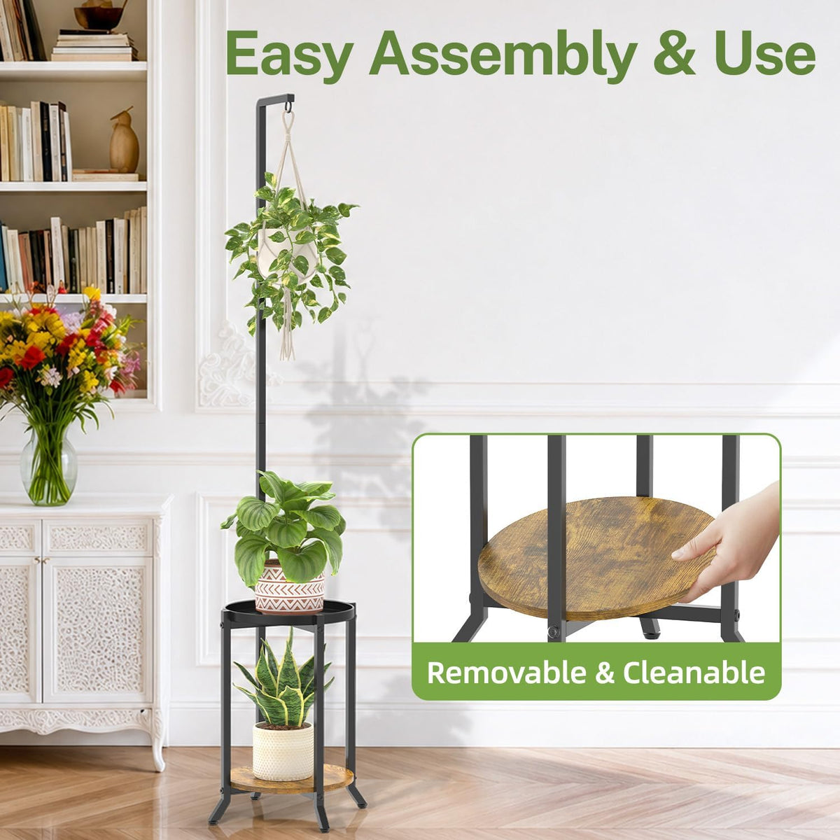 iDavosic.ly Hanging Plant Stand Indoor, 2 Tier, 60 In Tall, Black & Brown | Vertical Corner Metal Flower Shelf with