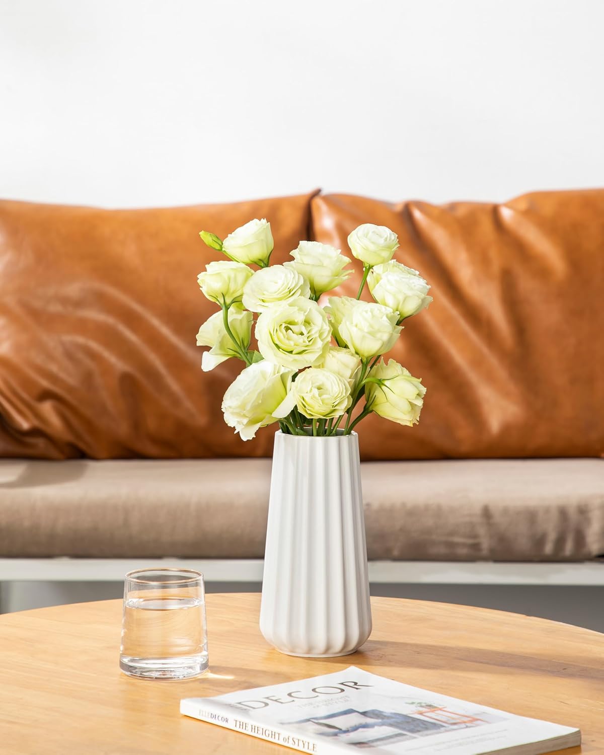 Ceramic Vase / Modern Ribbed Glossy Decorative Vase / White / 7.8 Inch
