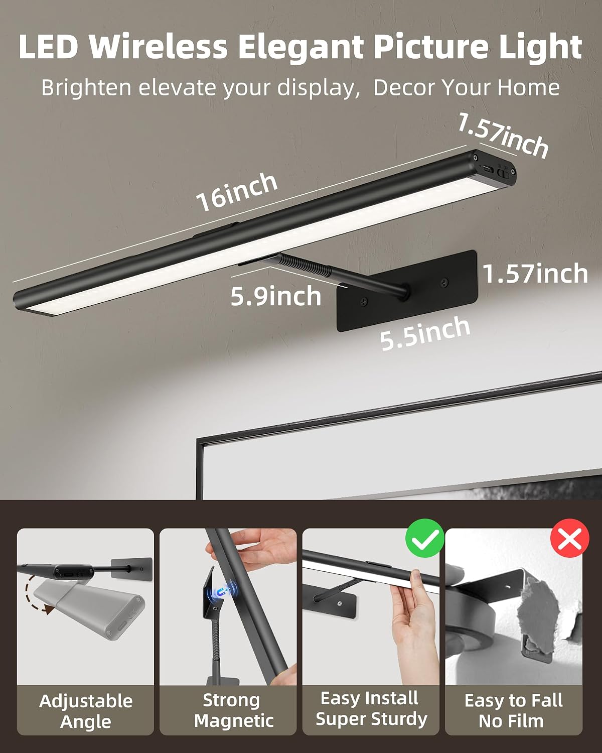 EZVALO Picture Light for Wall, 16'' Black Rechargeable 4800mAh Black Lights Wireless Remote, Dimmable Magnetic LED Art