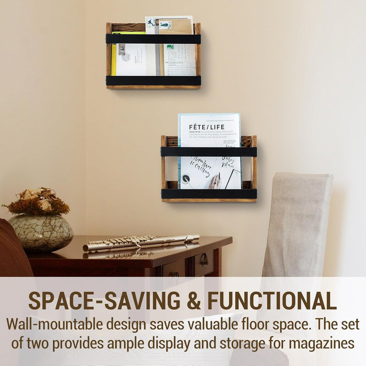 MyGift Set of 2 Rustic Burnt Wood and Matte Black Metal Wall-Mount Magazine Racks – Industrial Style Display Holders