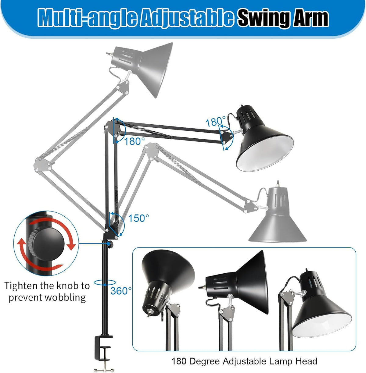 LED Clamp on Desk Lamp, 360°Adjustable Swing Arm Desk Lamp | Clamp Light with Eye-Caring LED Bulb for Home Office