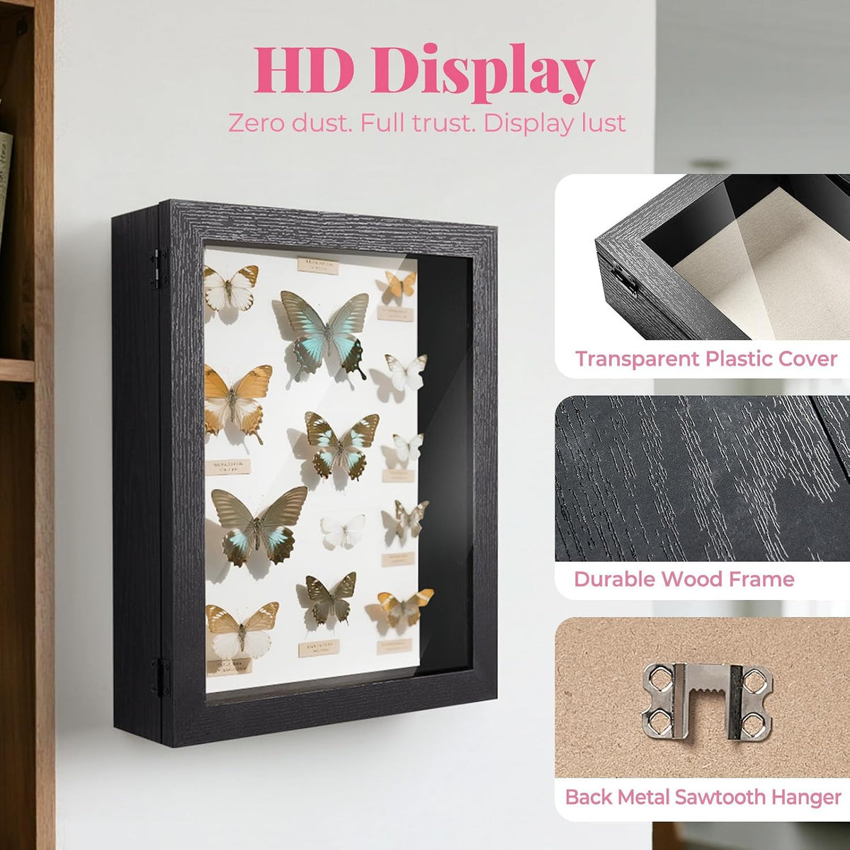 HOUSE DAY 11x14 Deep Shadow Box Frame with Linen Back, Pins, Black | 2.4 in Usable Depth for Pet, Baby Keepsakes