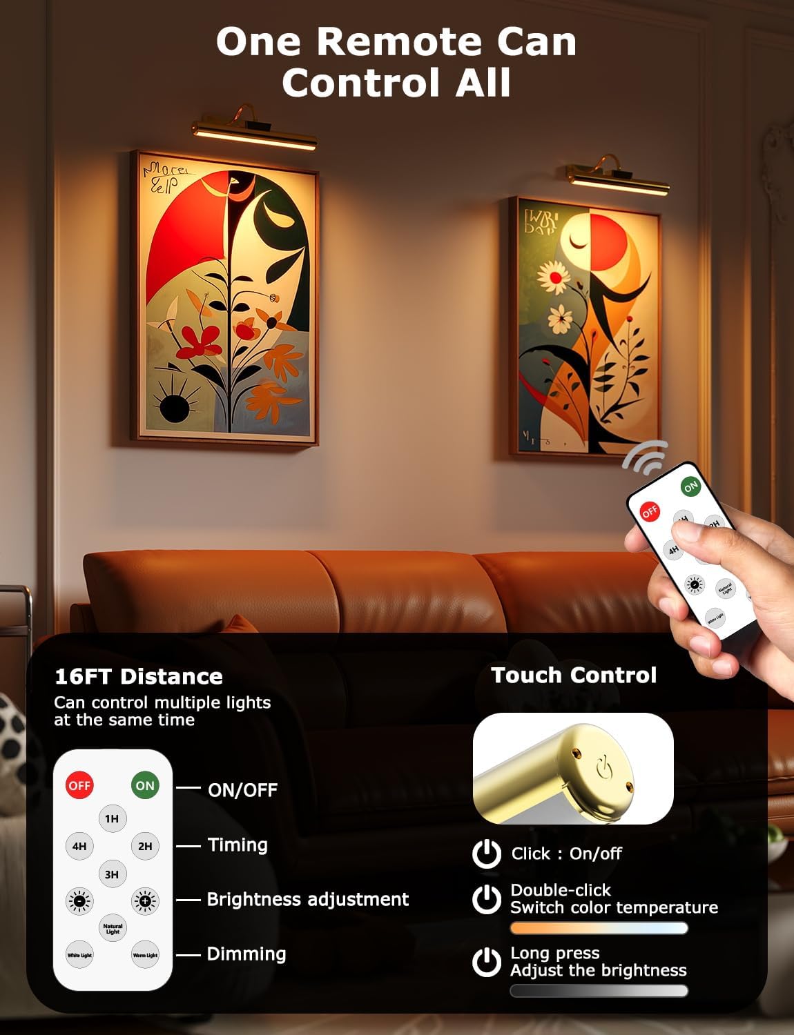 13" Wireless Picture Lights for Wall, Rechargeable Art Light, 1Pack Gold | Aluminum Photo Frame Light, Remote & Touch