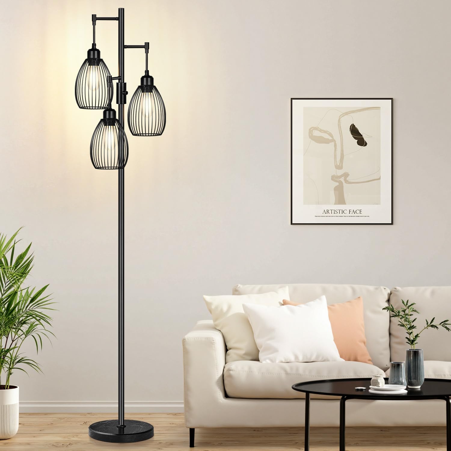 Dimmable Floor Lamp,3x800LM LED Bulbs Included, Farmhouse Industrial Floor Lamp Standing Tree Lamp with Teardrop Cage