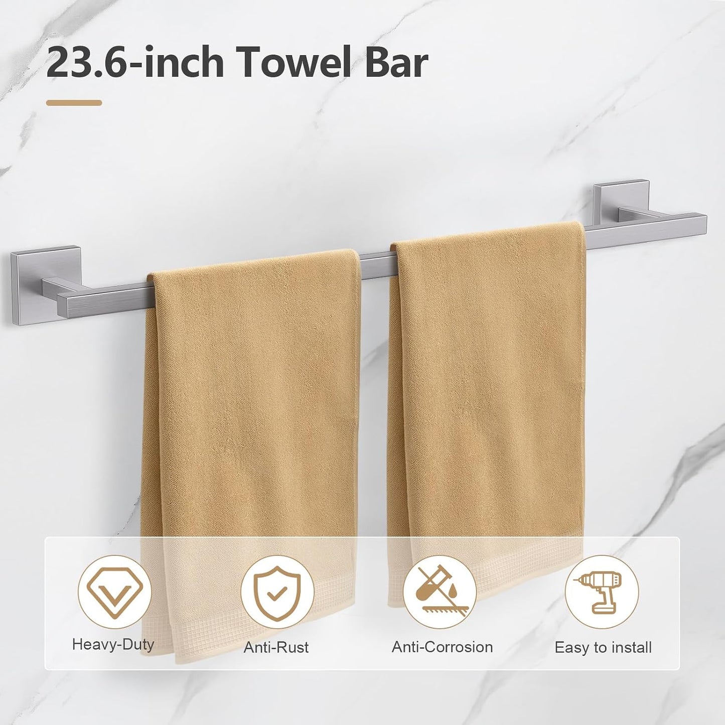 TQKAG 5-Pieces Brushed Nickel Bathroom Hardware Accessories Set 23.6" SUS304 Stainless Steel Towel Bar Set Wall Mounted