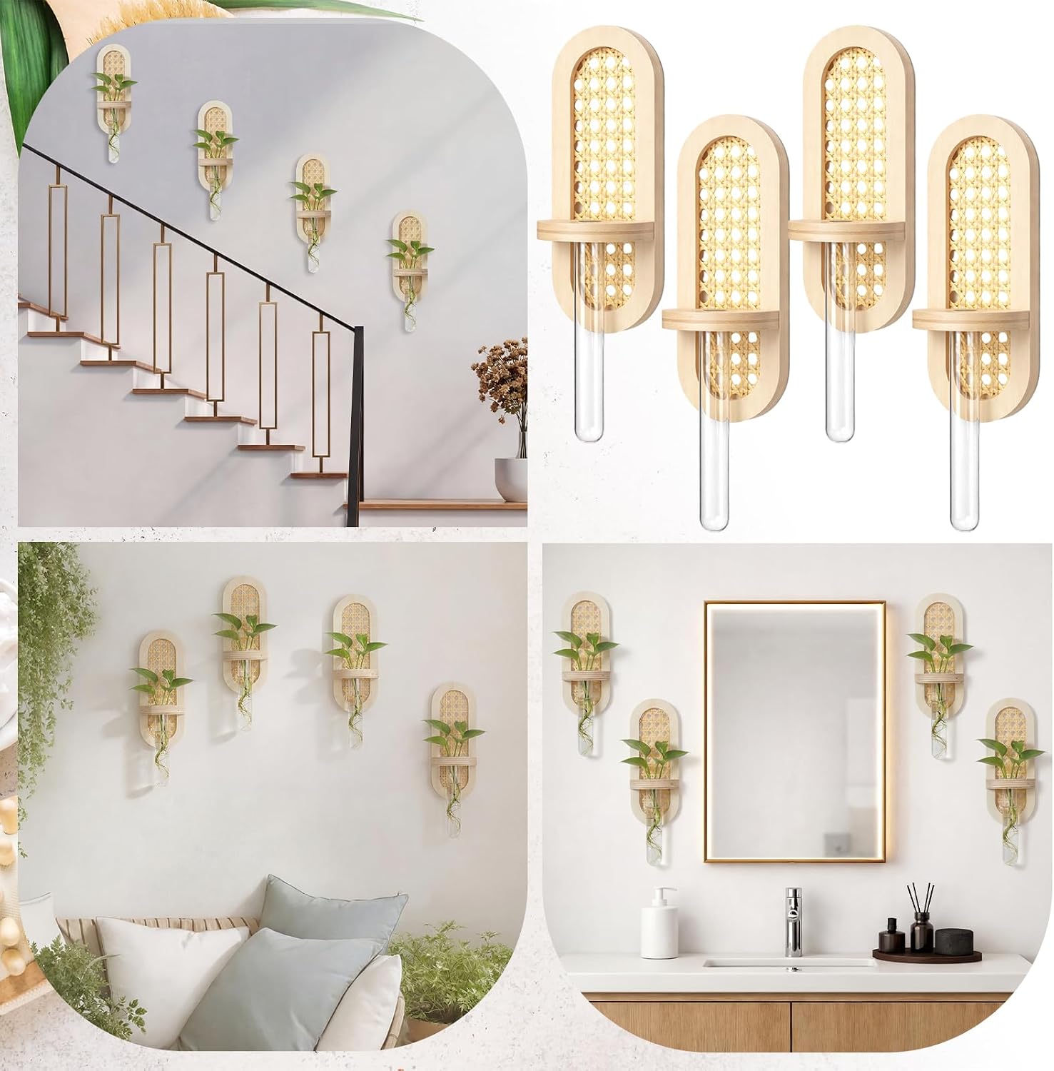 Wooden Rattan Wall Propagation Vases Wood Wall Vase Set Boho Hanging / Natural / 8 Inch / Set of 4