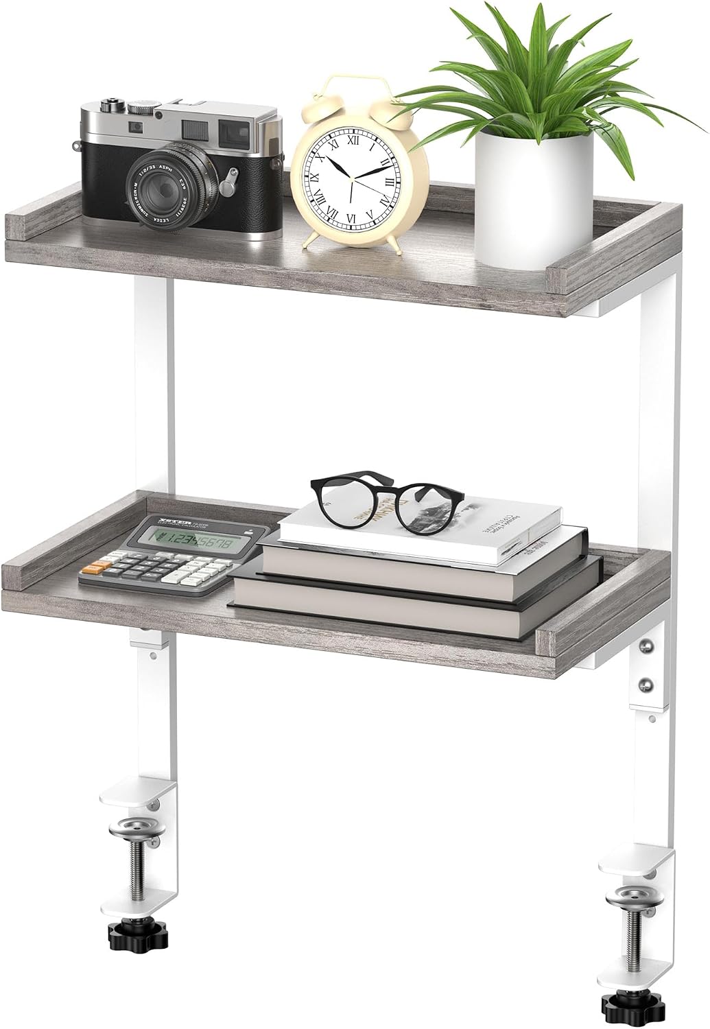 Clamp On Desk Shelf 2-Tier, Wood Shelving Unit for Office Desk/Gaming Accessories, Tabletop Book Storage Rack, Shelf