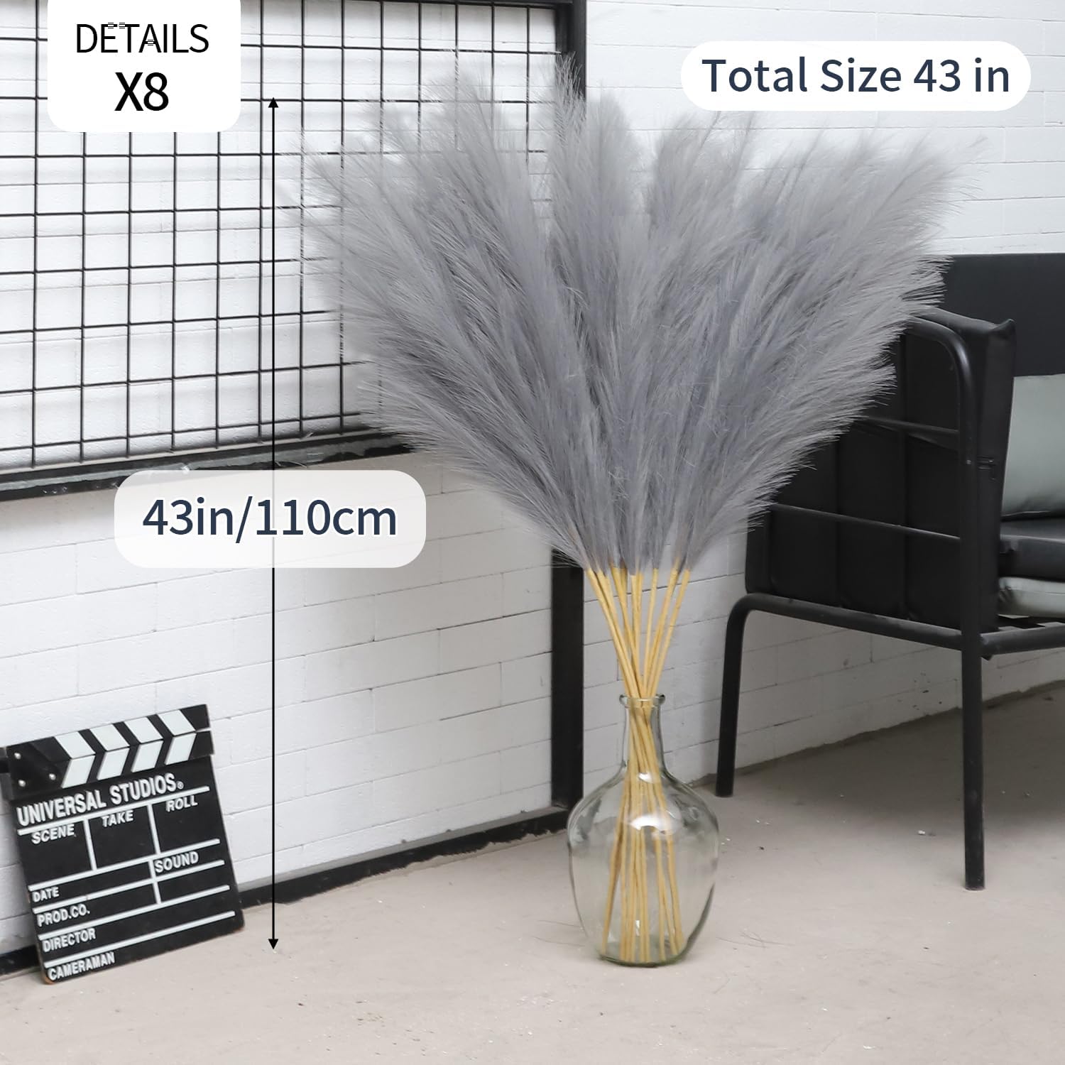 Faux Pampas Grass Tall Pompas Floral Arrangement and Vase Filler / Grey / Set of 8