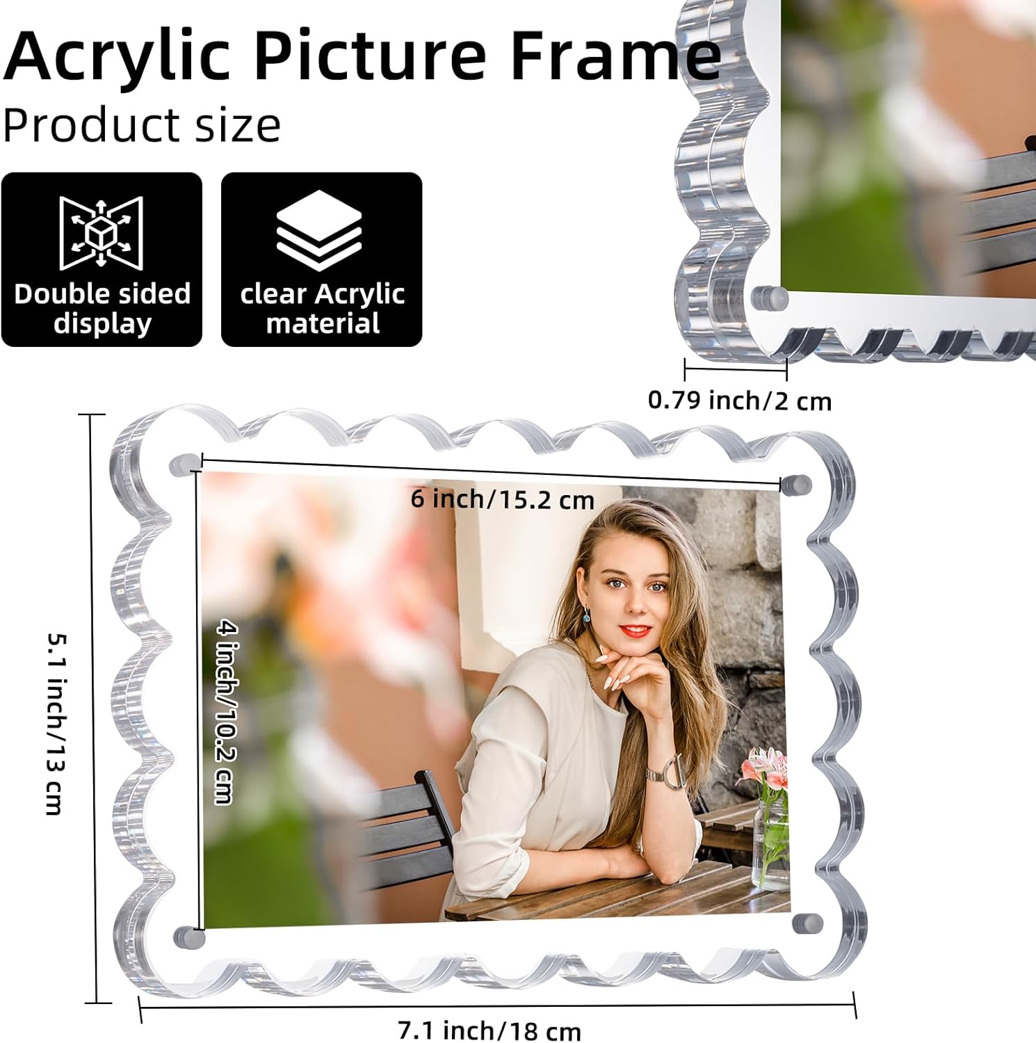 Chivalral 3 Pack 4x6 Acrylic Picture Frame, Double-Sided Tabletop Display | Scalloped Edge Design,10+10mmThick,Magnetic