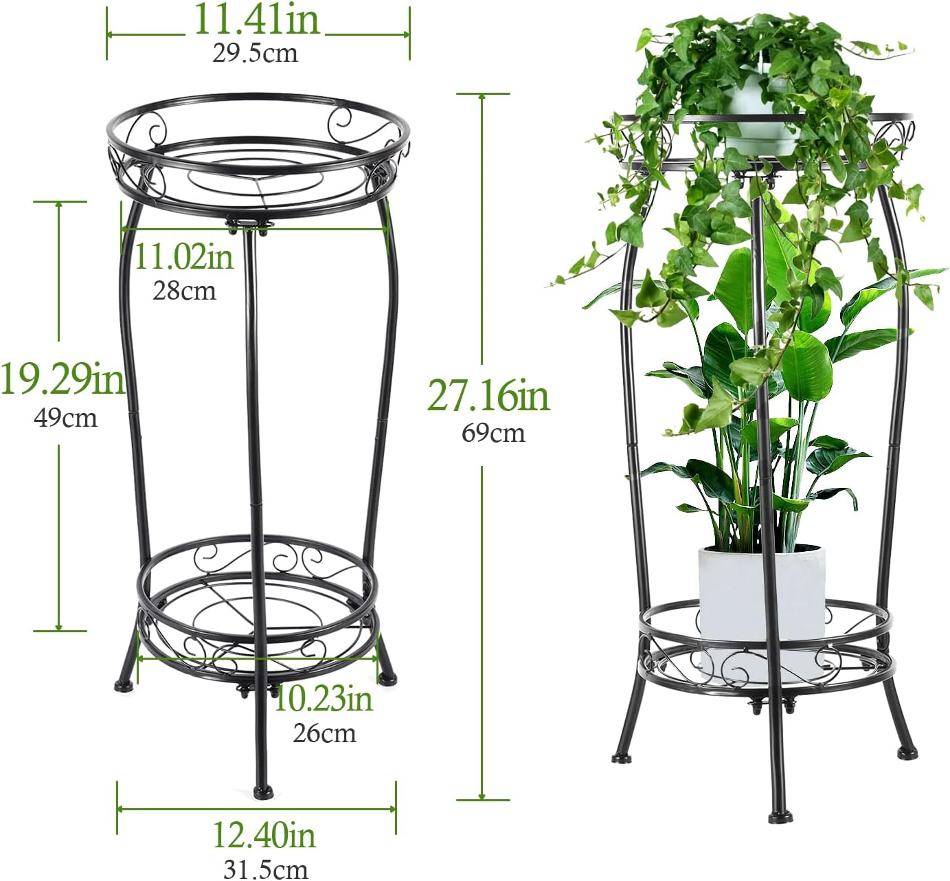 Kavlium Plant Stand Indoor Outdoor, 2 Pack, Tall Metal, 2 Tier 27.1 Inch | Rustproof Metal, Stable 3-Leg Base, Heavy