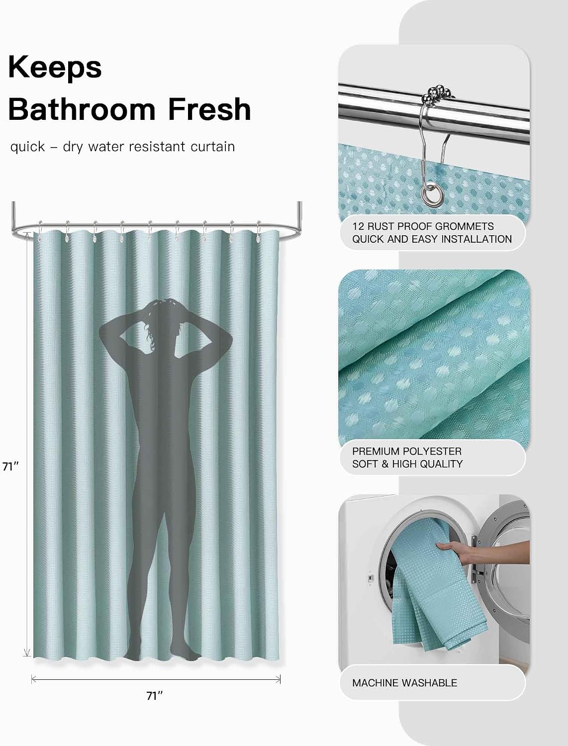 IMAVO Blue Bathroom Accessories,Non Slip Absorbent Bathroom Rugs and Waterproof Shower Curtain with Hooks,Complete