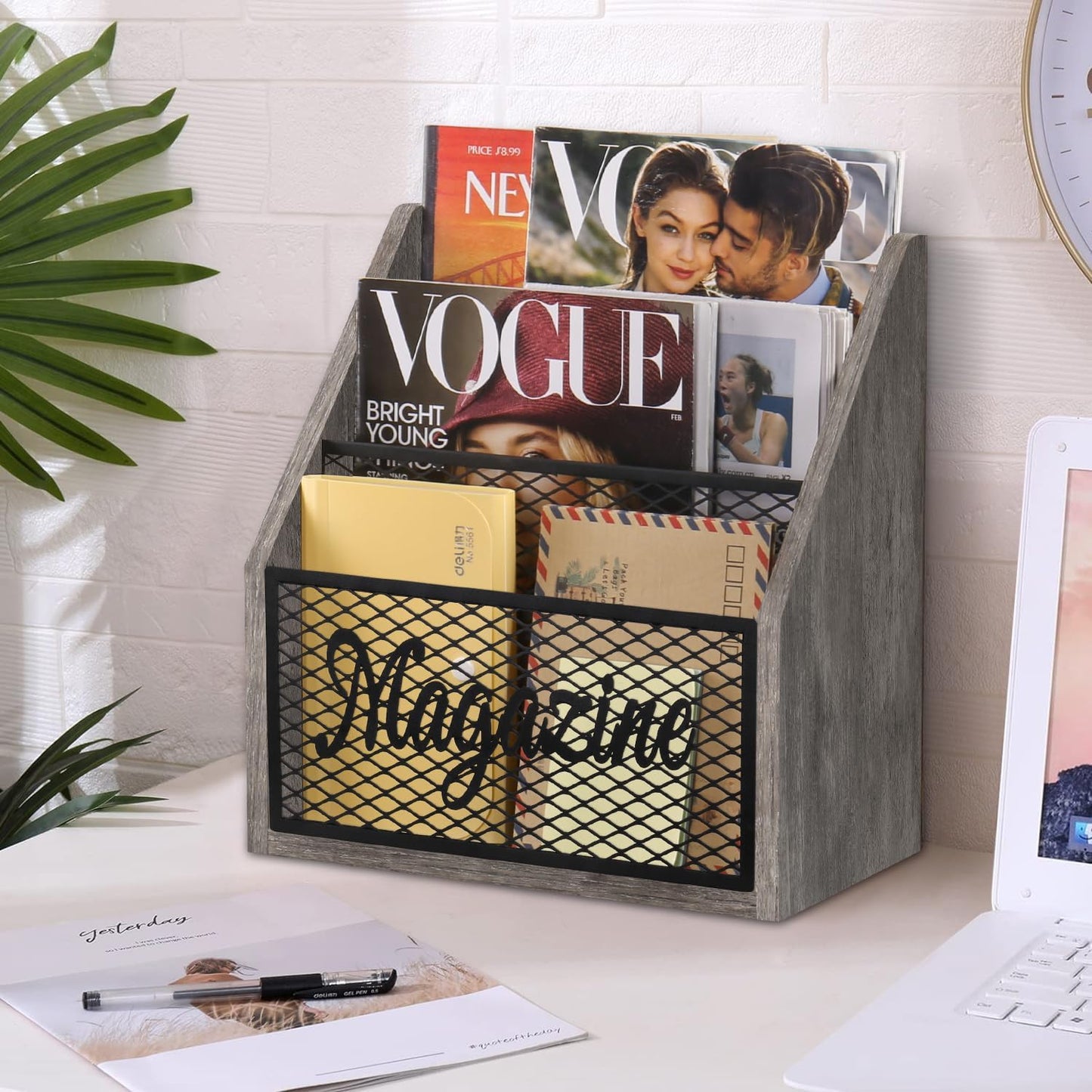 YINMIT 3 Tier Magazine Rack, Stepped Magazine Holder Floor for Home Storage | 3 Tier Stepped Design, Wood and Metal