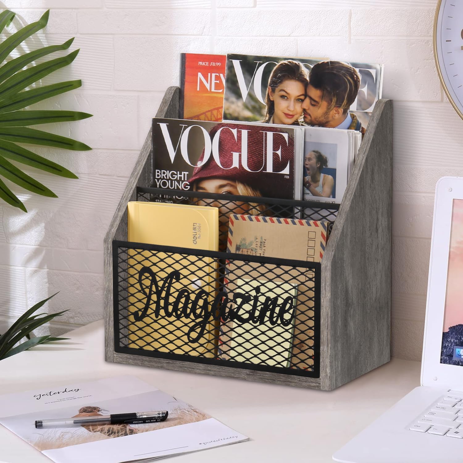 YINMIT 3 Tier Magazine Rack, Stepped Magazine Holder Floor for Home Storage | 3 Tier Stepped Design, Wood and Metal