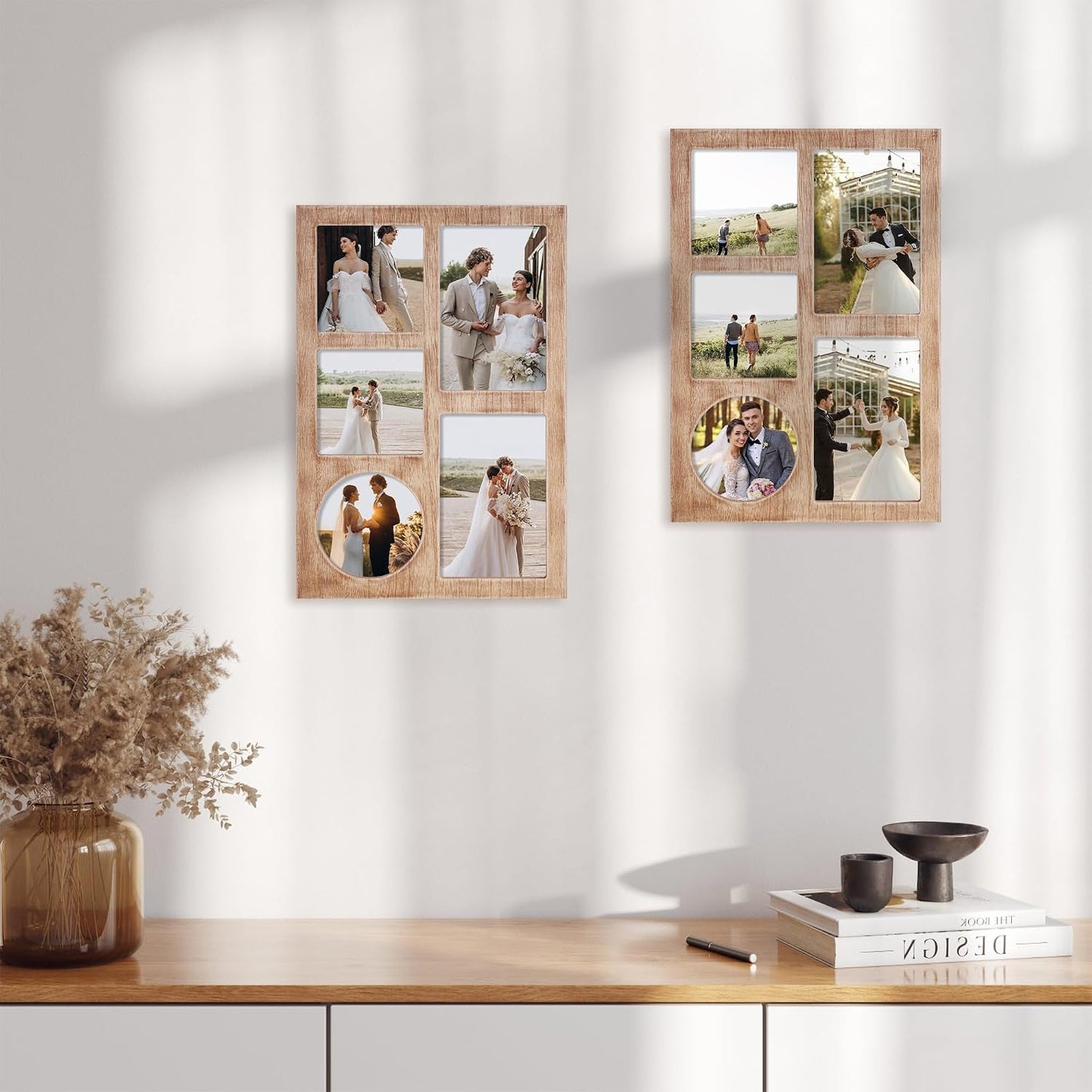 YESKAY 4x6 and 4x4 Collage Picture Frame, Display 5 Openings Photo Frames, Rustic Brown Wood Frame with Real Glass