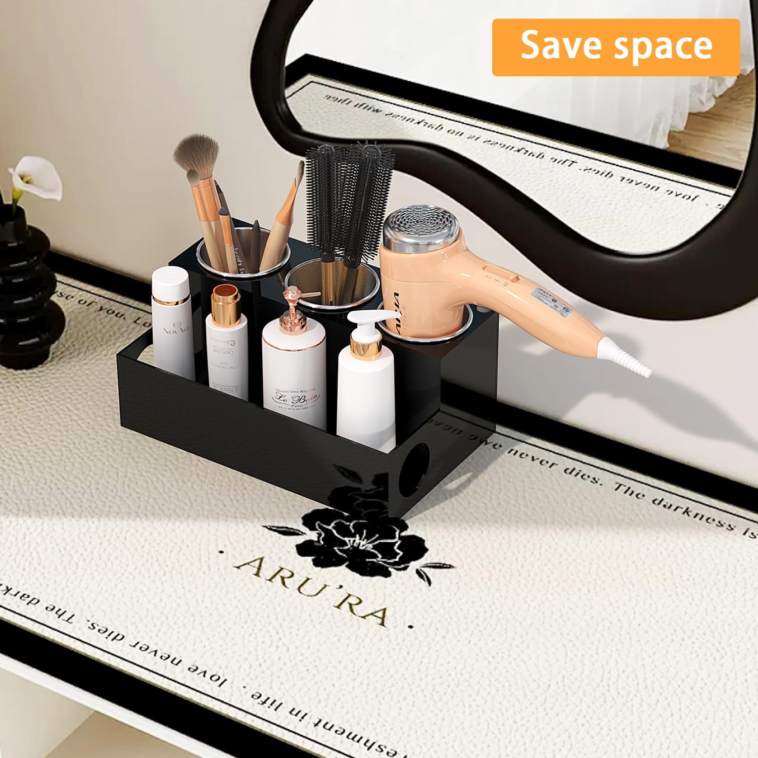 Hair Tool Organizer, Black Acrylic Hair Dryer Holder | Bathroom Supplies Countertop Blow Dryer Holder, Vanity Caddy