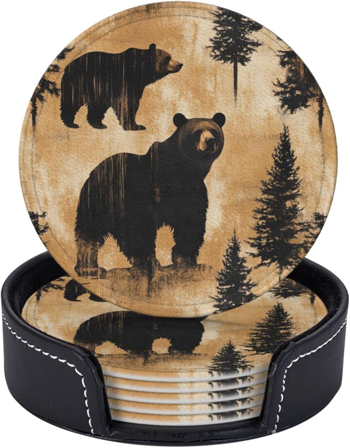 Holder Coaster Sets Drink Table Cup Coasters / Black Bear Trees / Set of 6