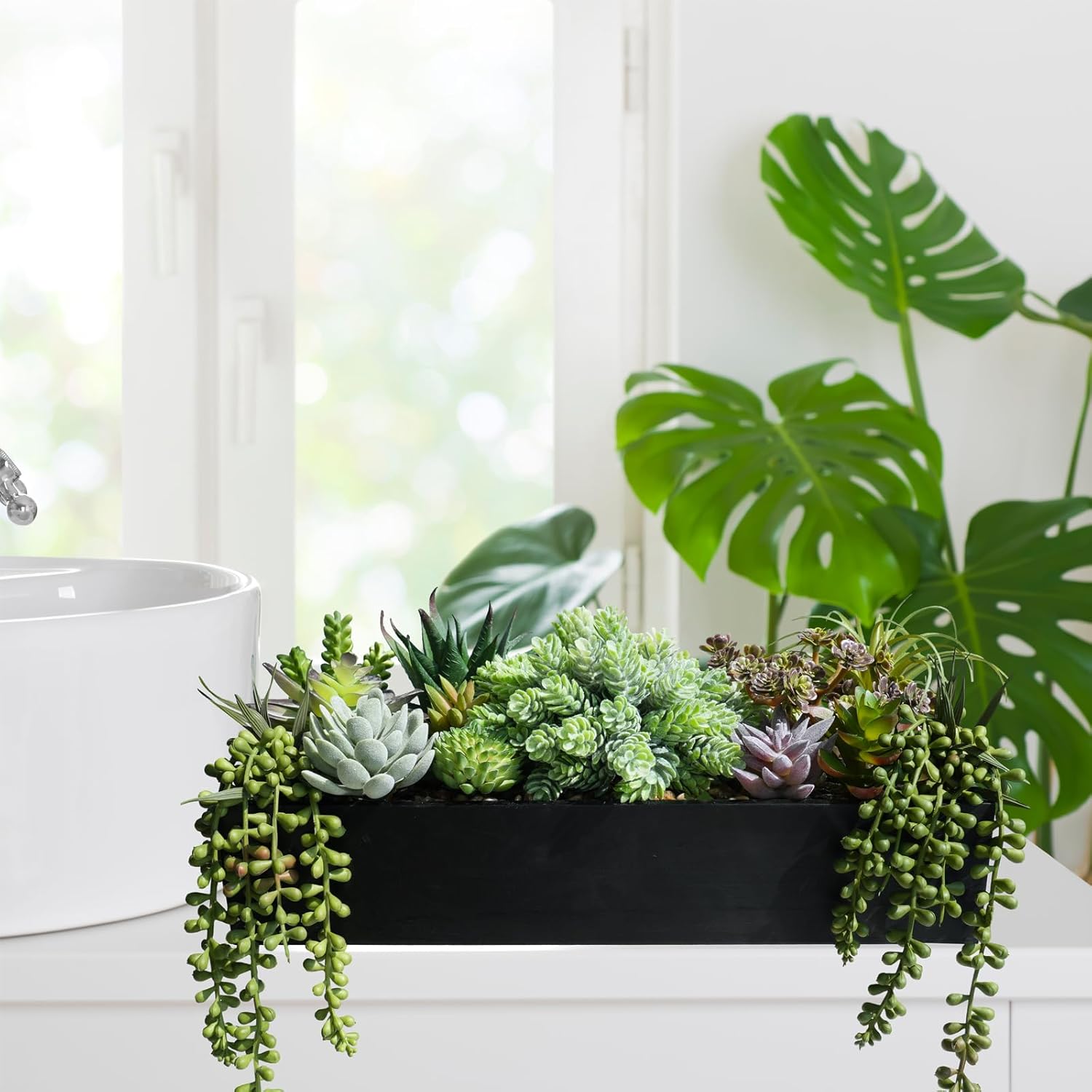 15" Artificial Succulents Arrangement Faux Succulents in Rectangular Wooden Planter Box Faux / Black