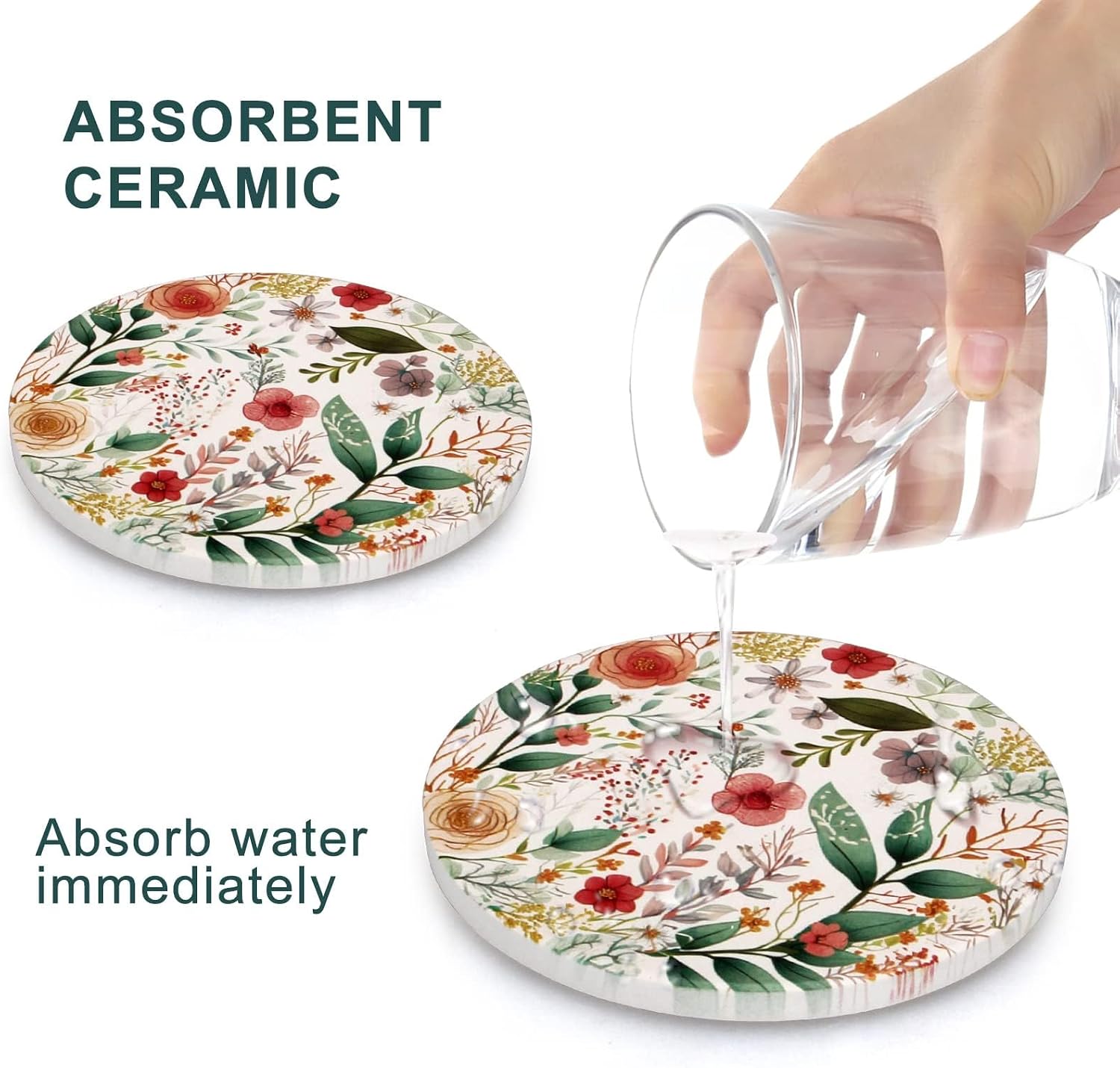 Holder Funny Ceramic Absorbent Coaster Decorative Coffee Table Decor / Flower 1 / Set of 6